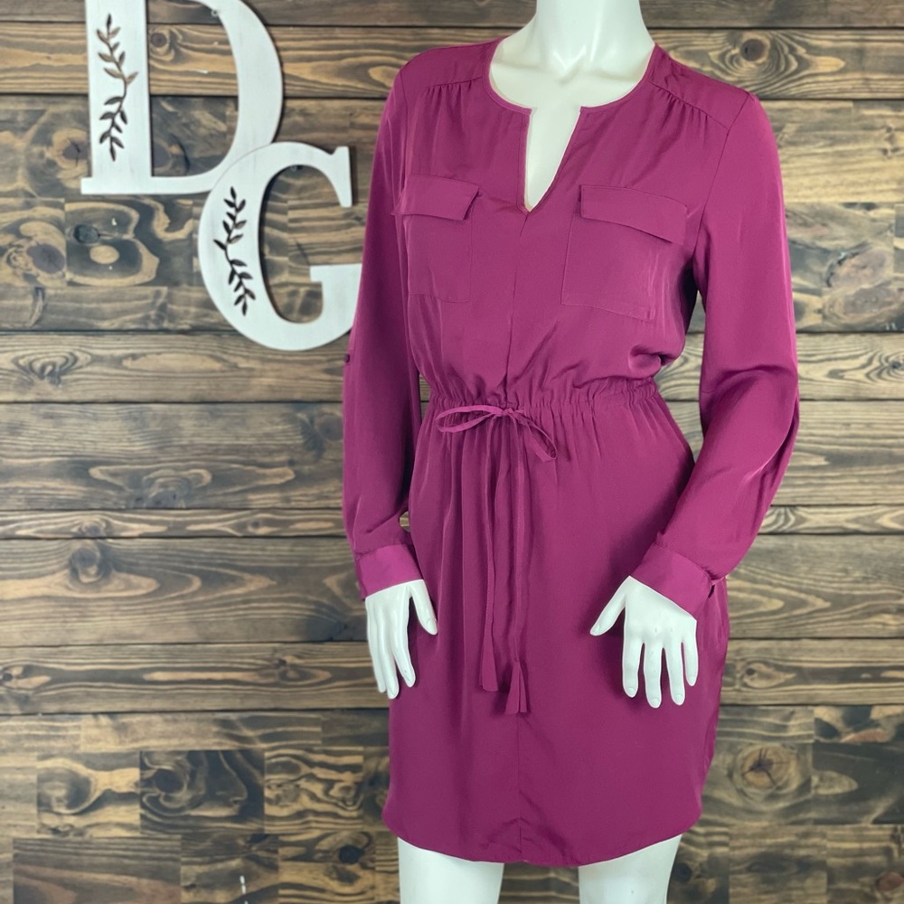Maison Jules | Silky Mini Dress Long Roll Sleeves Split Neck Drawstring Waist
